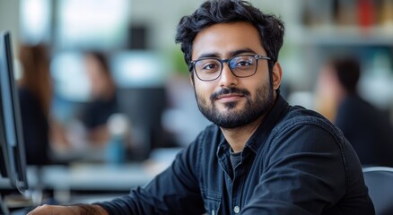 Young man with glasses smiling confidently in a modern office environment ready to engage in work and collaboration with colleagues and peers around him