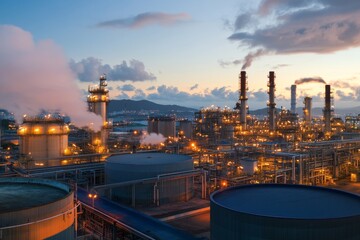 Coastal refinery twilight operations, industrial complex