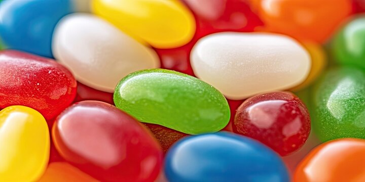 Close up of vibrant multicolored jelly beans in red white green blue orange and yellow with ample copy space for text or branding