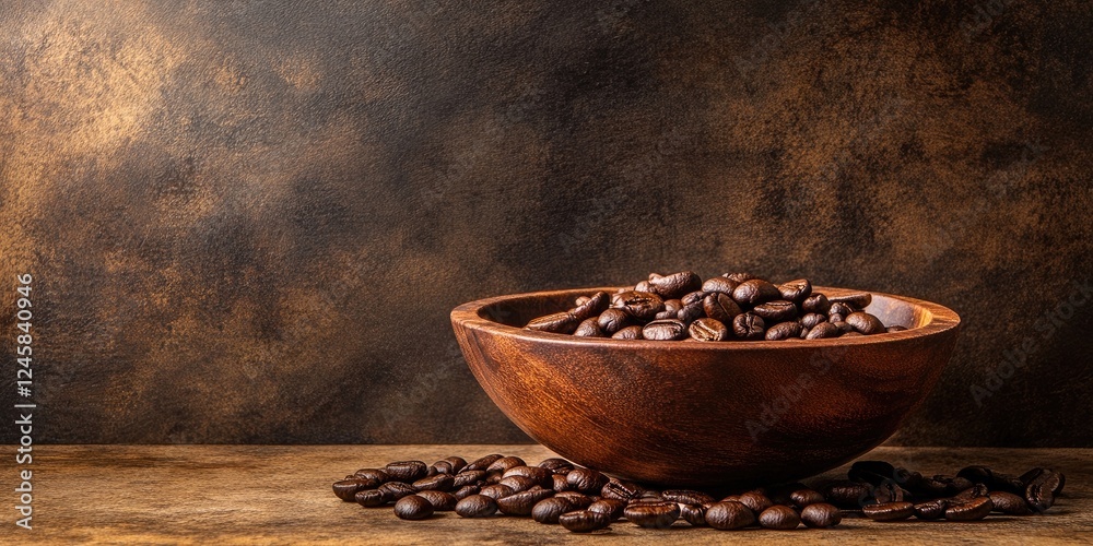 Poster traditional wooden bowl filled with coffee beans set against a textured brown background with ample 