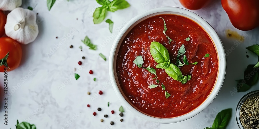 Poster vibrant tomato sauce in white bowl garnished with fresh basil on white marble table surrounded by to