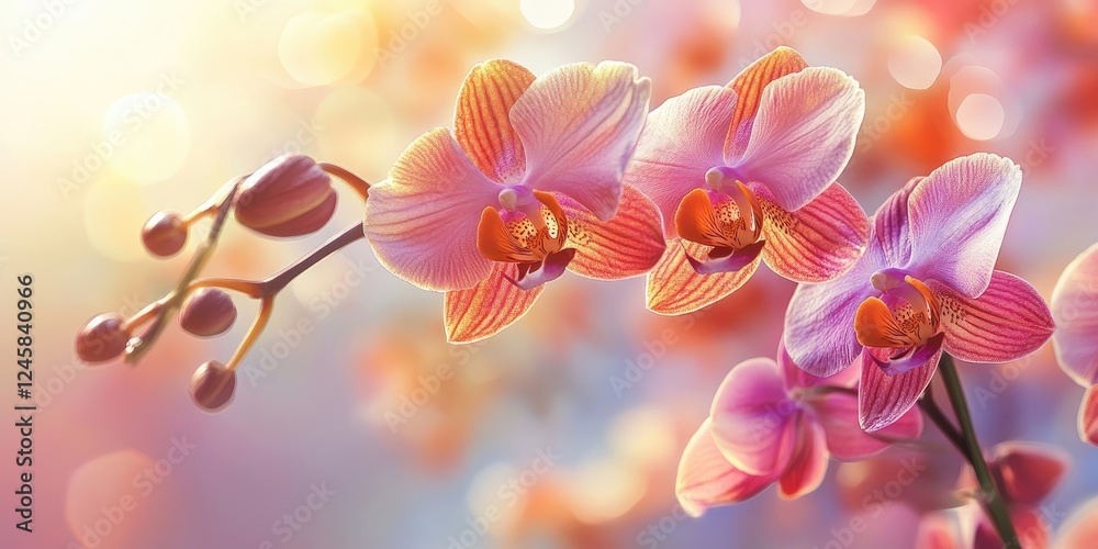 Poster delicate pink and orange orchids with blurred pastel background showcasing soft bokeh effects and wa