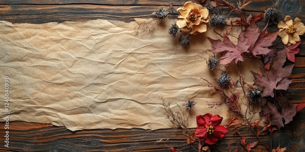 Poster textured crumpled paper on a wooden background adorned with dried flowers and leaves in warm autumn 