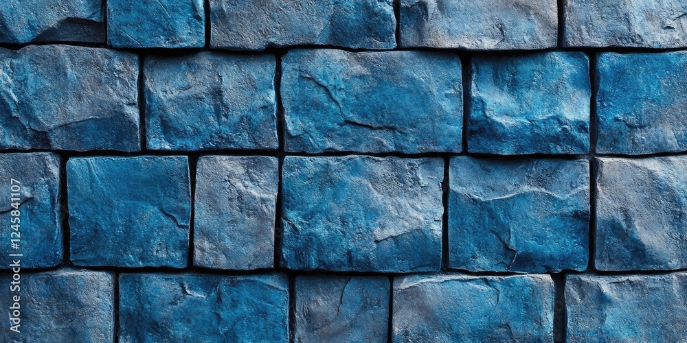 Poster Blue textured stone wall with uneven rectangular blocks arranged in a staggered formation showcasing detailed surface patterns and shadows.