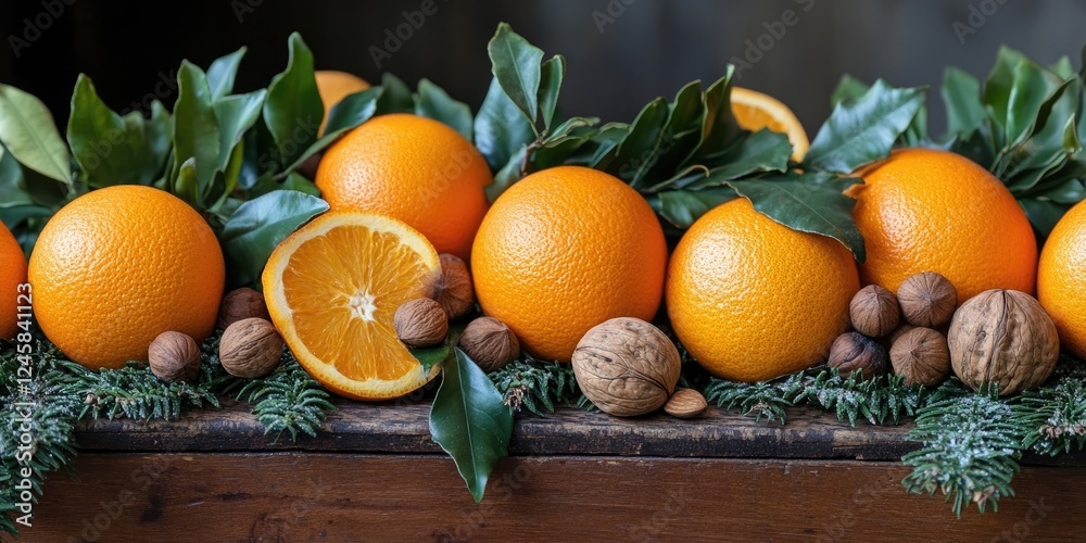 Poster Vibrant arrangement of fresh oranges with green leaves and nuts on rustic wooden surface creating a warm and inviting autumn atmosphere.