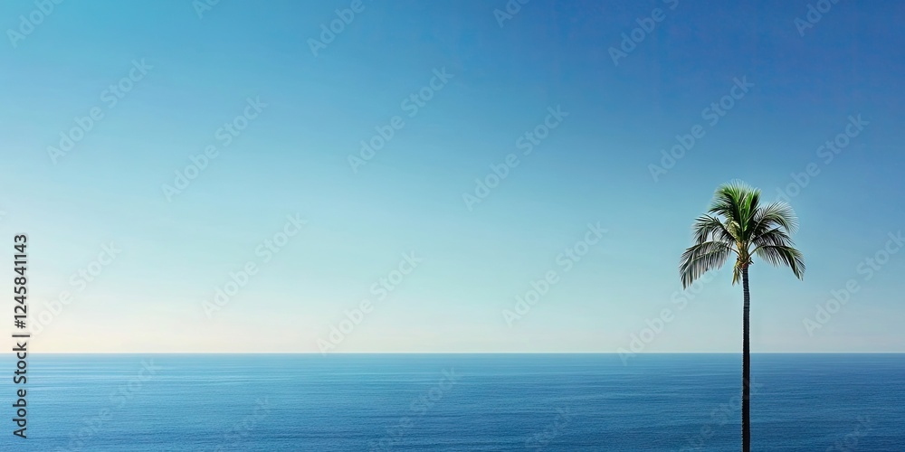 Poster tranquil seaside view with a single palm tree on the left, against a gradient blue sky and calm blue