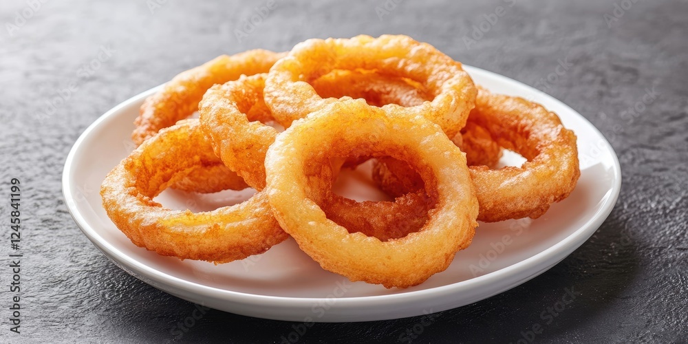 Poster Crispy golden brown onion rings arranged in a circular pattern on a white plate against a dark textured background highlighting their texture and color.