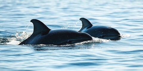 Obraz premium Two dolphins swimming side by side in calm blue ocean water; sleek black fins create a beautiful contrast against the shimmering surface.