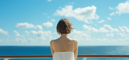 A person gazing at the ocean from a cruise ship balcony.