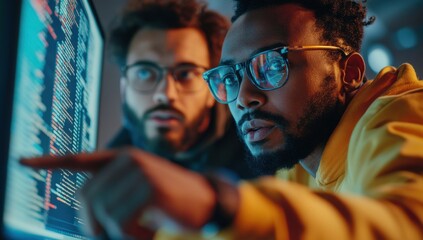 Young software developers collaborating on innovative programming project in modern tech workspace, demonstrating creativity and teamwork in data analysis.