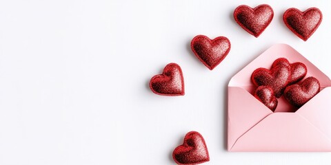 Pink envelope partially open with shiny red hearts scattered around on a white background, symbolizing love and affection in a romantic setting.