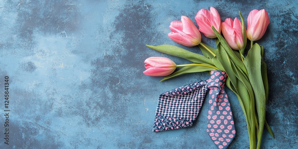 Poster elegant arrangement of pink tulips next to a patterned tie on a textured blue background showcasing 