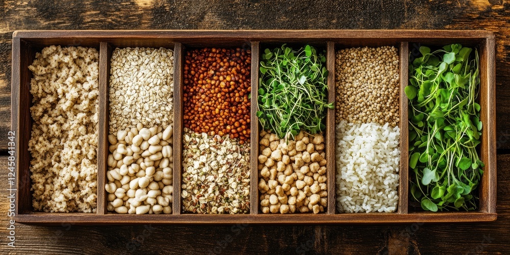 Poster assorted grains and seeds in wooden tray with earthy tones arranged in rows, featuring light brown, 