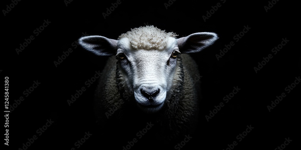 Poster Portrait of a sheep illuminated from below against a black background with soft highlights on wool and facial features emphasizing depth and contrast.