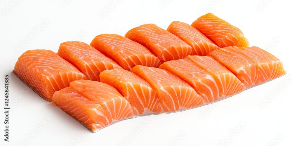 Poster Freshly cut salmon fillets arranged neatly in a row on a white background showcasing vibrant orange hues and distinct marbling patterns.