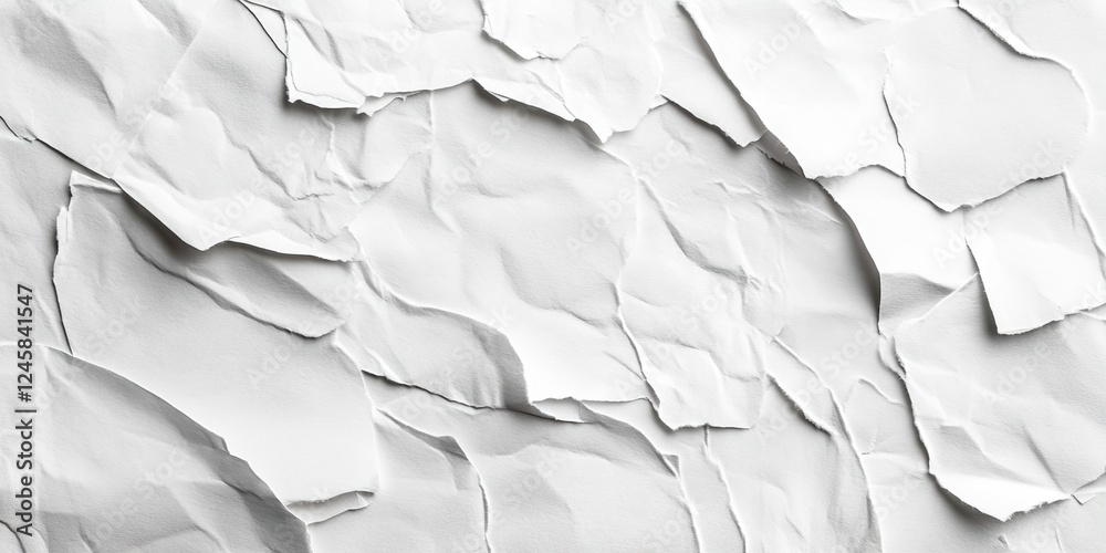 Fototapete Crumpled white paper texture with varying shades of white and soft shadows, creating depth in a dynamic abstract composition.