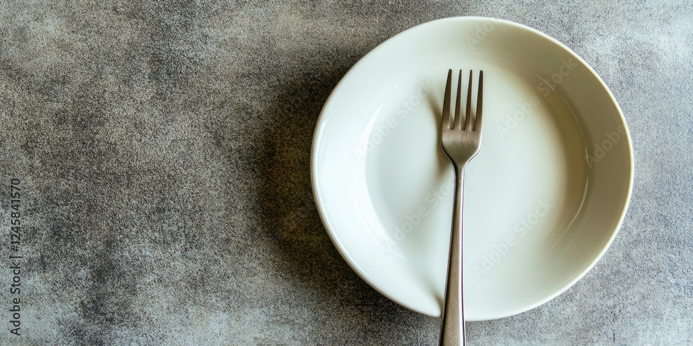 Aufkleber Minimalist top view of an empty white dish and fork on gray textured table surface, highlighting simplicity in culinary presentation and dining setup.