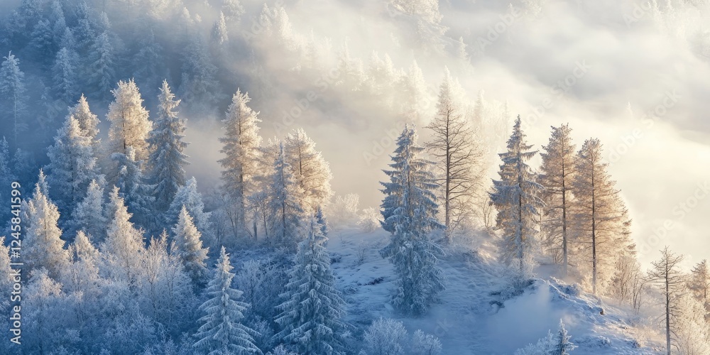 Poster winter landscape featuring snow-covered evergreen trees with golden sunlight illuminating the frost 
