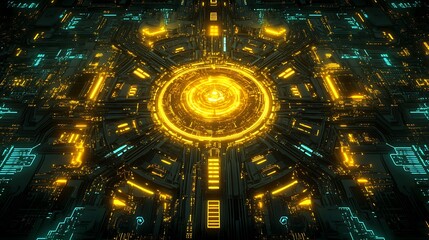 An intricate 2D futuristic circuit board illustration with glowing yellow and turquoise pathways radiating from a central luminous hub.