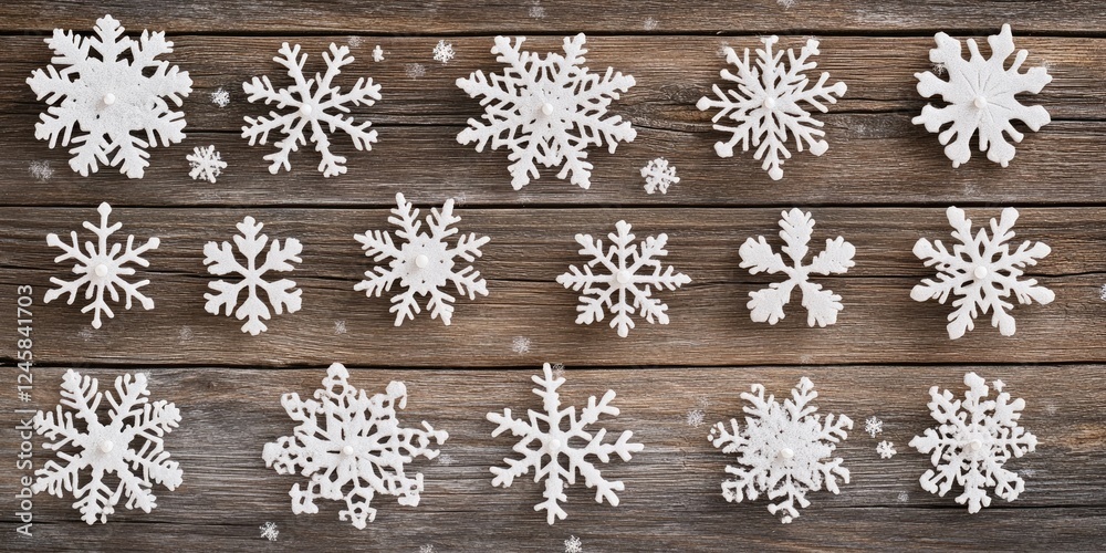 Poster snowflakes of various designs scattered on a dark textured wooden surface creating a winter theme wi