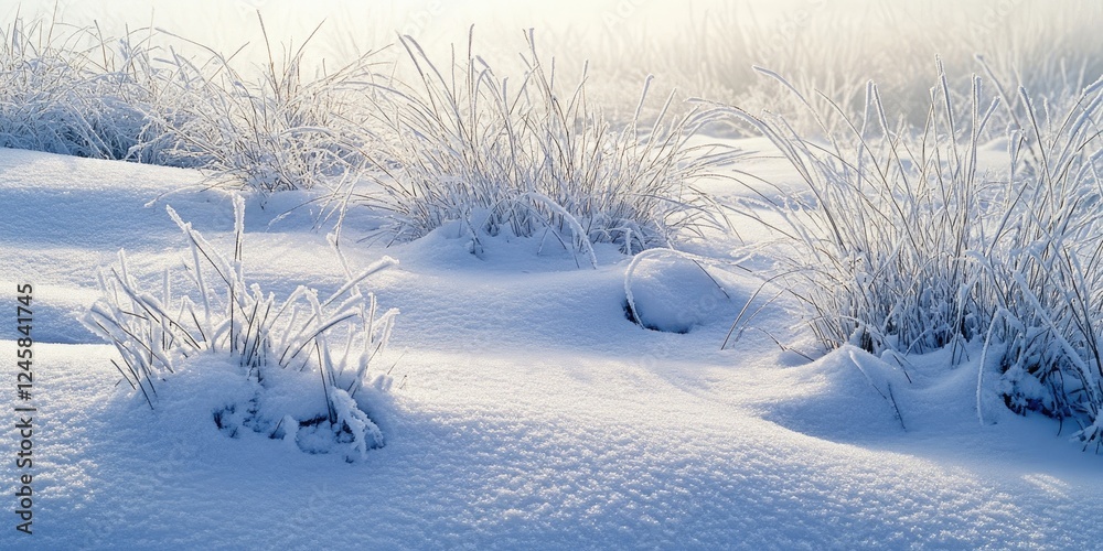 Poster frosty landscape with snow-covered grassy patches and smooth white snow gently undulating across the