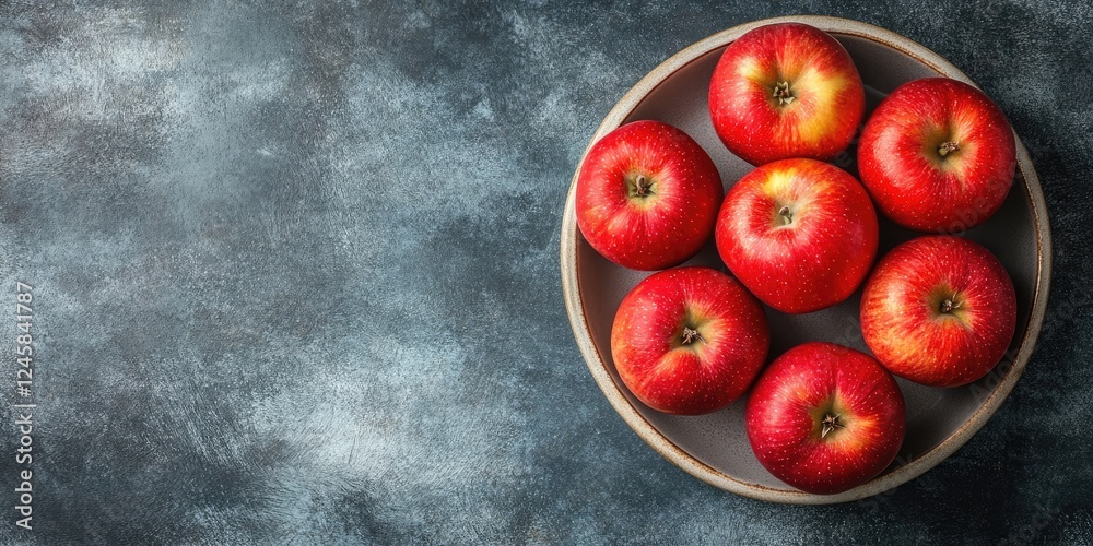 Poster bowl of bright red apples arranged neatly on a wooden plate against a dark textured background with 
