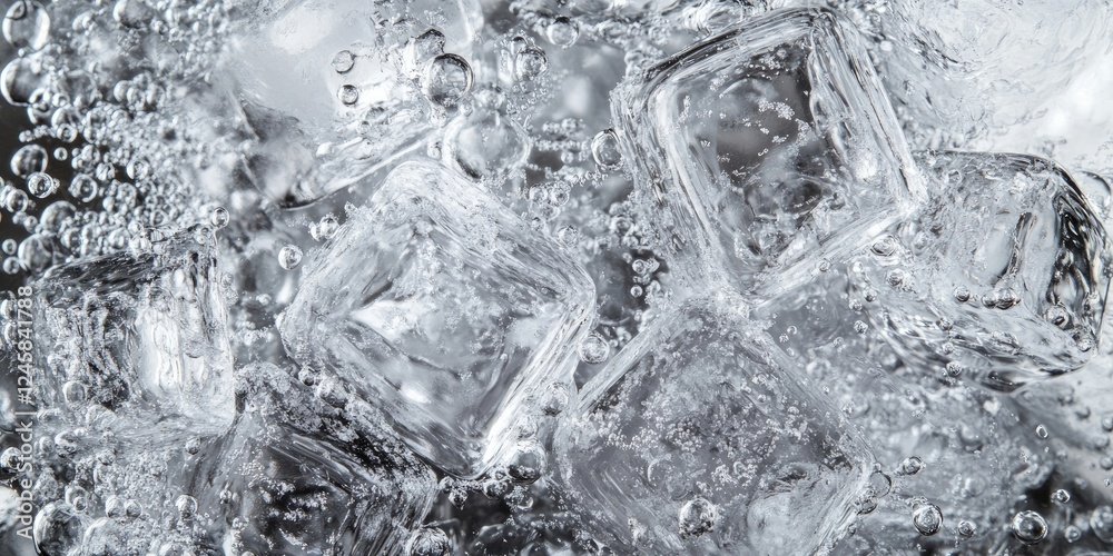 Poster Close-up of ice cubes submerged in sparkling water with bubbles rising, featuring clear ice against a grey background for a refreshing drink concept.
