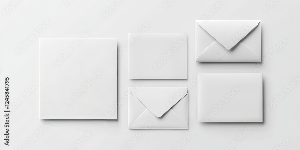 Poster four assorted white envelopes and sheets of paper arranged neatly on a light gray background, showca