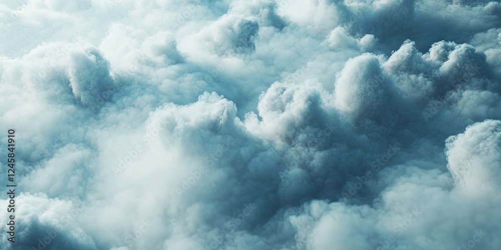 Poster soft fluffy clouds in shades of white and light blue create a serene atmosphere, billowing in variou