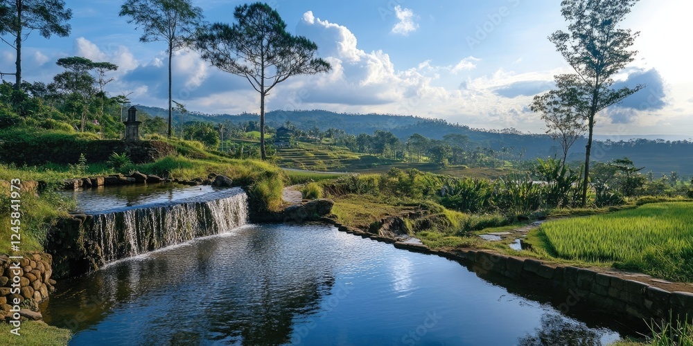 Poster tranquil landscape with a waterfall flowing into a calm pond surrounded by lush greenery under a blu