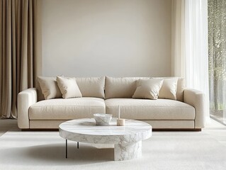 Minimalistic Living Room Design with Beige Sofa and Marble Coffee Table