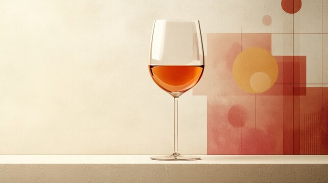 A glass of wine with a minimalist background featuring subtle geometric patterns in neutral tones - Powered by Adobe