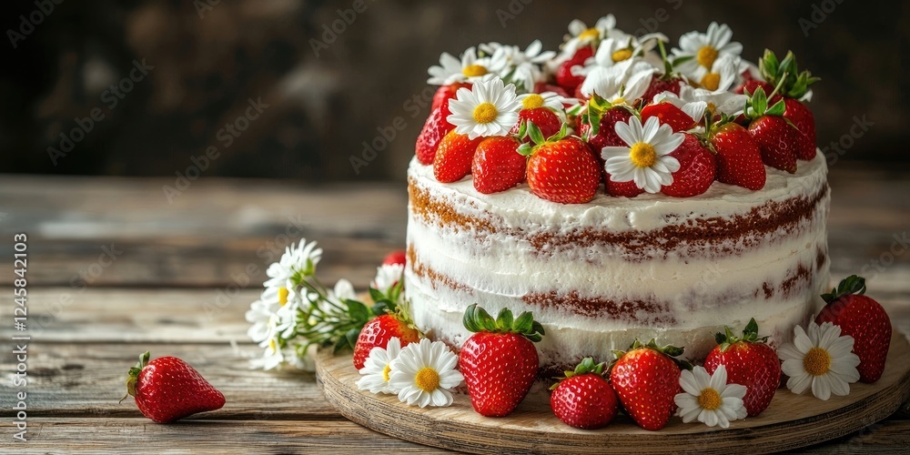 Poster strawberry and white flower decorated summer cake on a wooden table with a rustic backdrop featuring