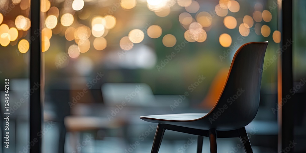 Aufkleber modern black chair positioned to the right in a blurred bokeh background with warm golden lights cre