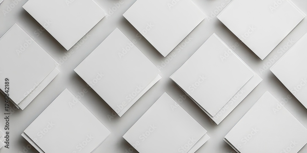 Poster white square paper sheets arranged in a staggered pattern on a light gray background creating a clea