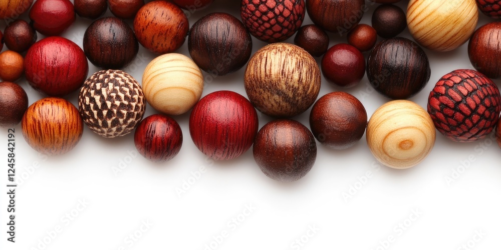 Poster colorful assortment of wooden beads varying in size and texture arranged in a line with a white back