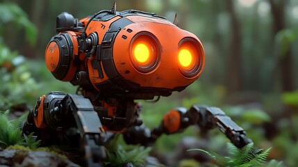 Orange robot with glowing eyes standing in a forest environment with green vegetation