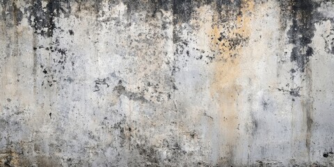 Naklejka premium Weathered concrete wall with gray and beige hues, showing mildew growth with dark streaks and textures, ideal for backgrounds in design projects.