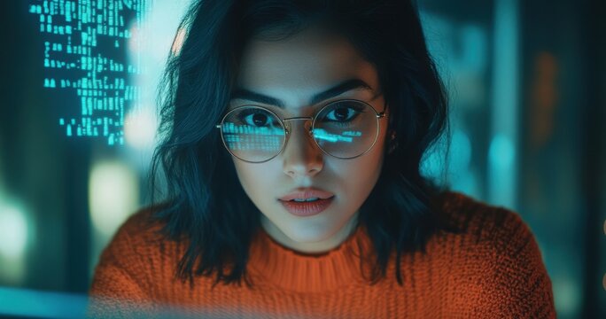 Young woman using computer technology with glasses looking intently at digital data and glowing code in a modern workspace environment.