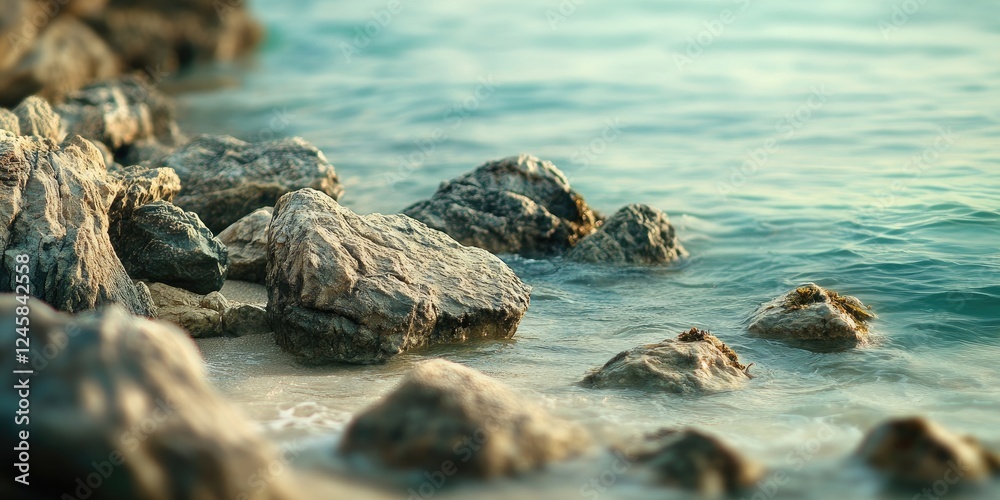 Aufkleber serene seashore rocks with soft waves gently lapping at the sandy beach captured in shades of grey a