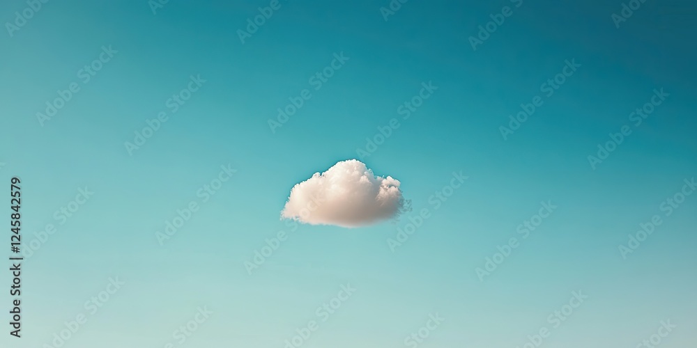 Poster Fluffy white cloud floating in a clear blue sky, centered in the image against a smooth gradient background, evoking tranquility and serenity.