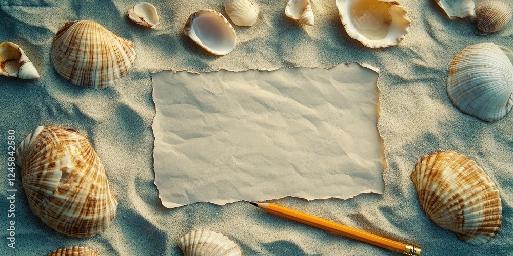 Aufkleber seashells scattered on light sandy background framing a wrinkled sheet of paper and a yellow pencil 