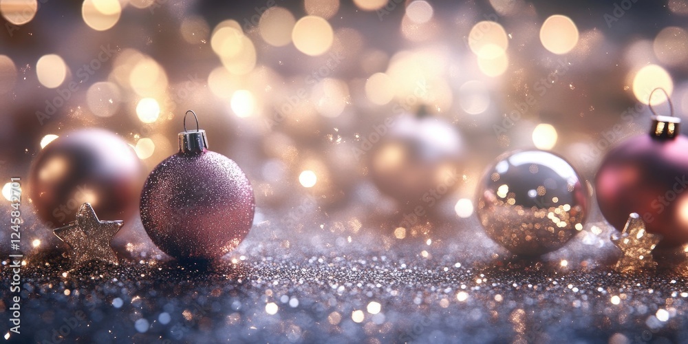 Poster elegant new year setting with shimmering gold and pink ornaments, soft bokeh orbs in warm tones, wid