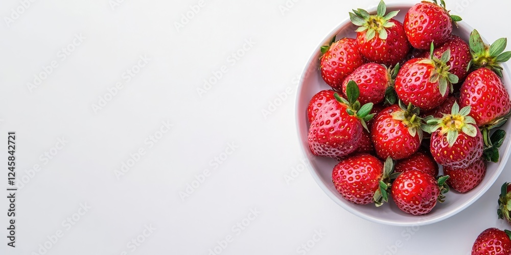 Poster fresh ripe strawberries in a white bowl positioned top left of the image against a clean white backg