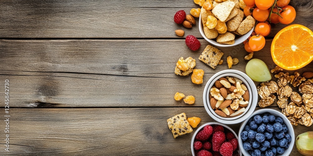 Poster Assorted nutritious snacks on a rustic wooden table viewed from above featuring vibrant berries oranges and nuts arranged neatly in bowls on the left