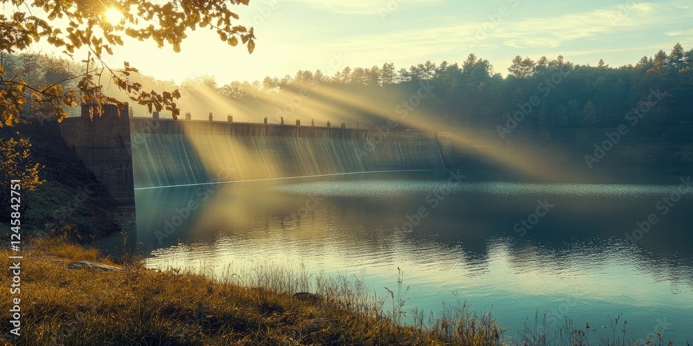 Aufkleber serene morning landscape featuring a dam with soft sunlight rays piercing through fog over a tranqui