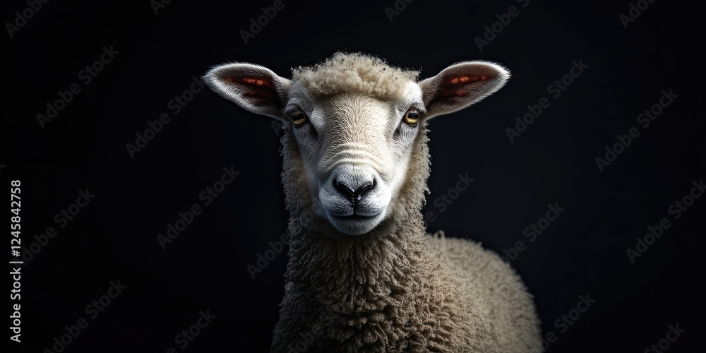 Poster Close-up of a sheep with a textured wool coat centered in the frame against a dark black background, showcasing its facial features and ears.