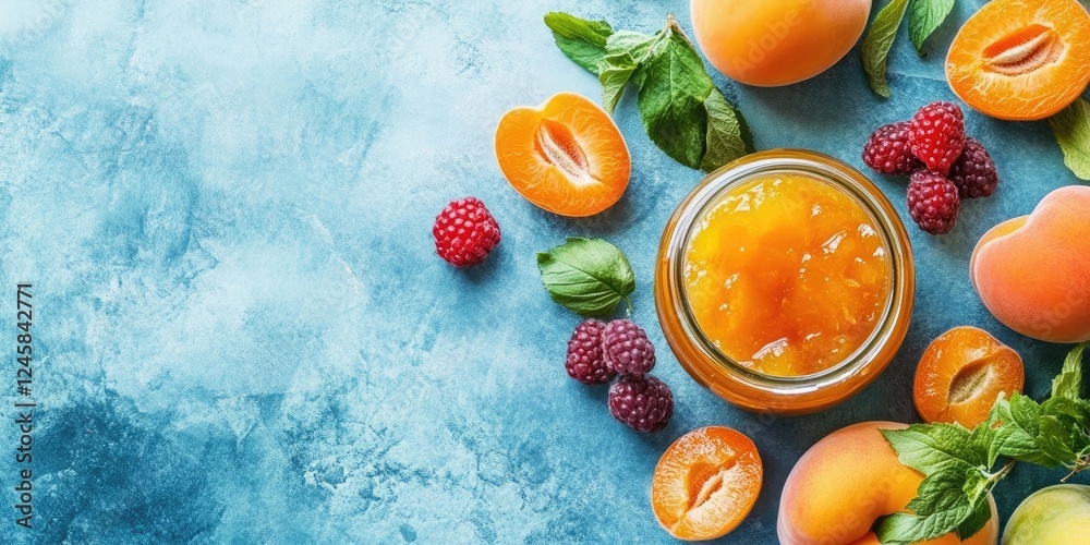 Aufkleber apricot jam jar surrounded by fresh apricots and raspberries on a textured blue background with ligh