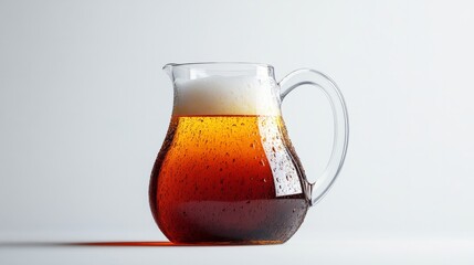 A jug of beer with a rich, dark amber color, isolated on a simple white background, with the foam just starting to settle