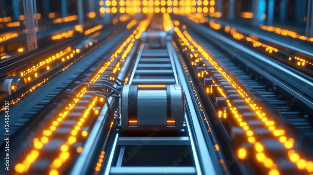 Aufkleber A high-angle shot of a conveyor system with autonomous carts moving in sync, with dynamic network signals glowing in the background, representing modern tech integration.